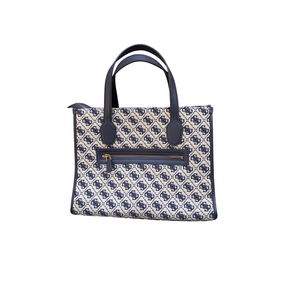 GUESS Blue Logo Jacquard Tote Bag Navy Trim Gold Hardware Handbag - Picture 6 of 8